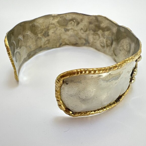 Agate Hammered Cuff Handmade Bracelet Scroll Bead Design VTG Mix Metals